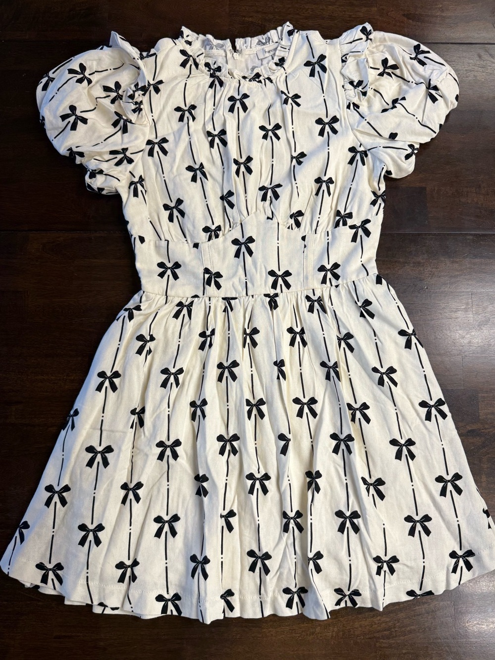 Francesca’s Cream Black Bow Print Puff Sleeve Mini Dress Size S Coquette